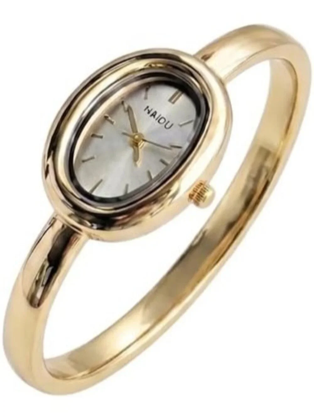 Women's White Bangle Bracelet Oval Dial Roman Numeral Elegant Style Wrist Watch